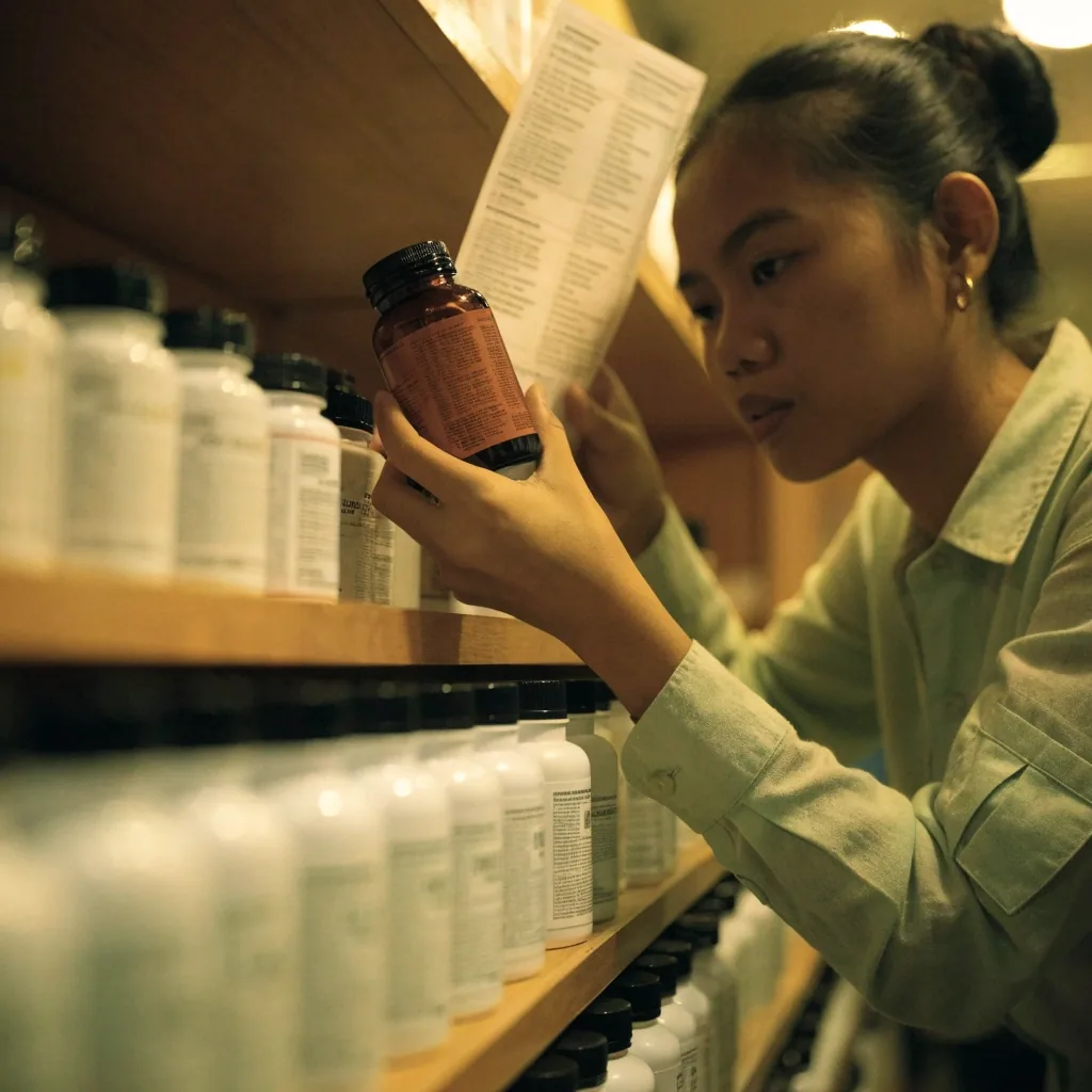 A staff member comparing an unbranded supplement container against a printed list on a store shelf