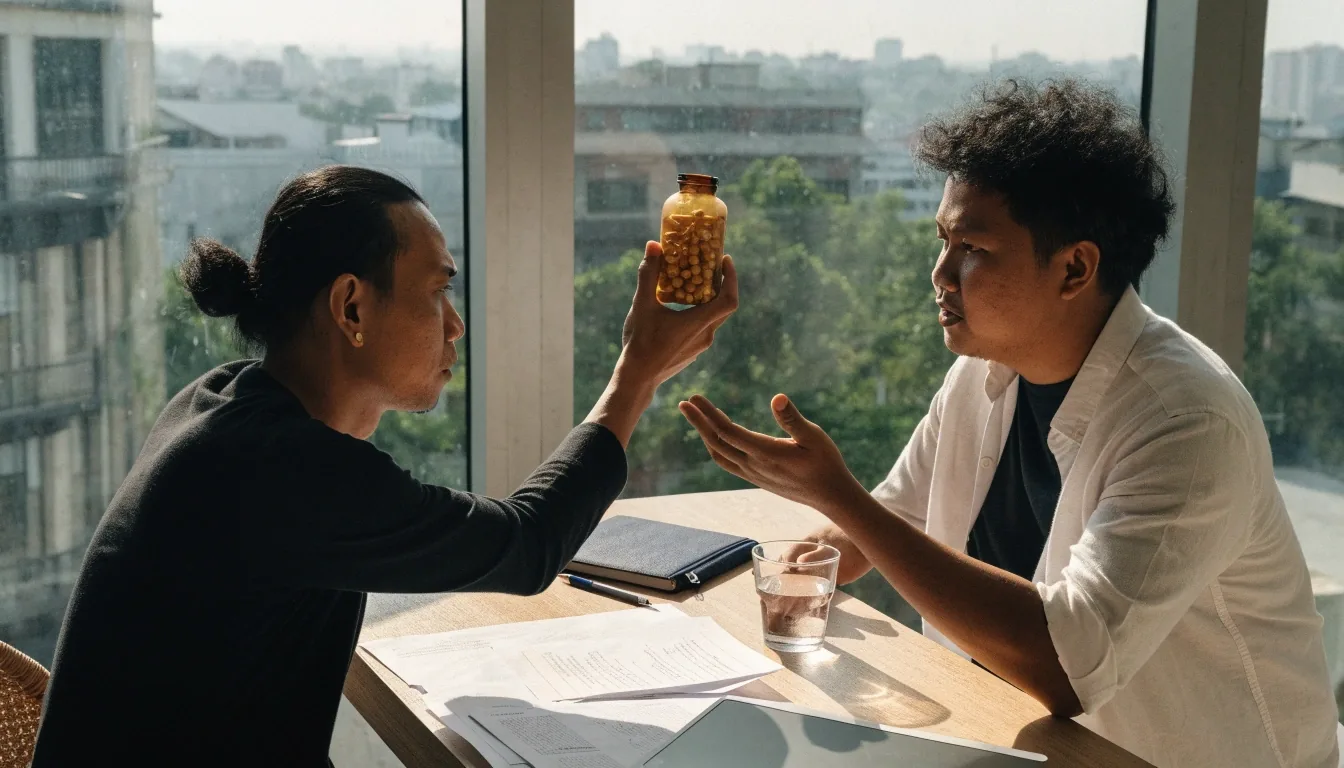 Supplement bottles and a glass of water on a desk by a bright window where the editorial team reviews product listings