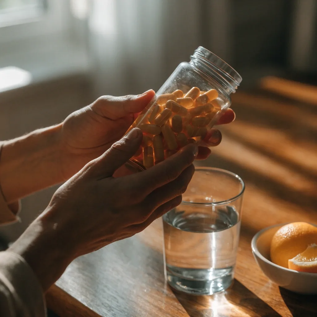 Hands turning an unbranded supplement bottle at a kitchen counter with a glass of water nearby