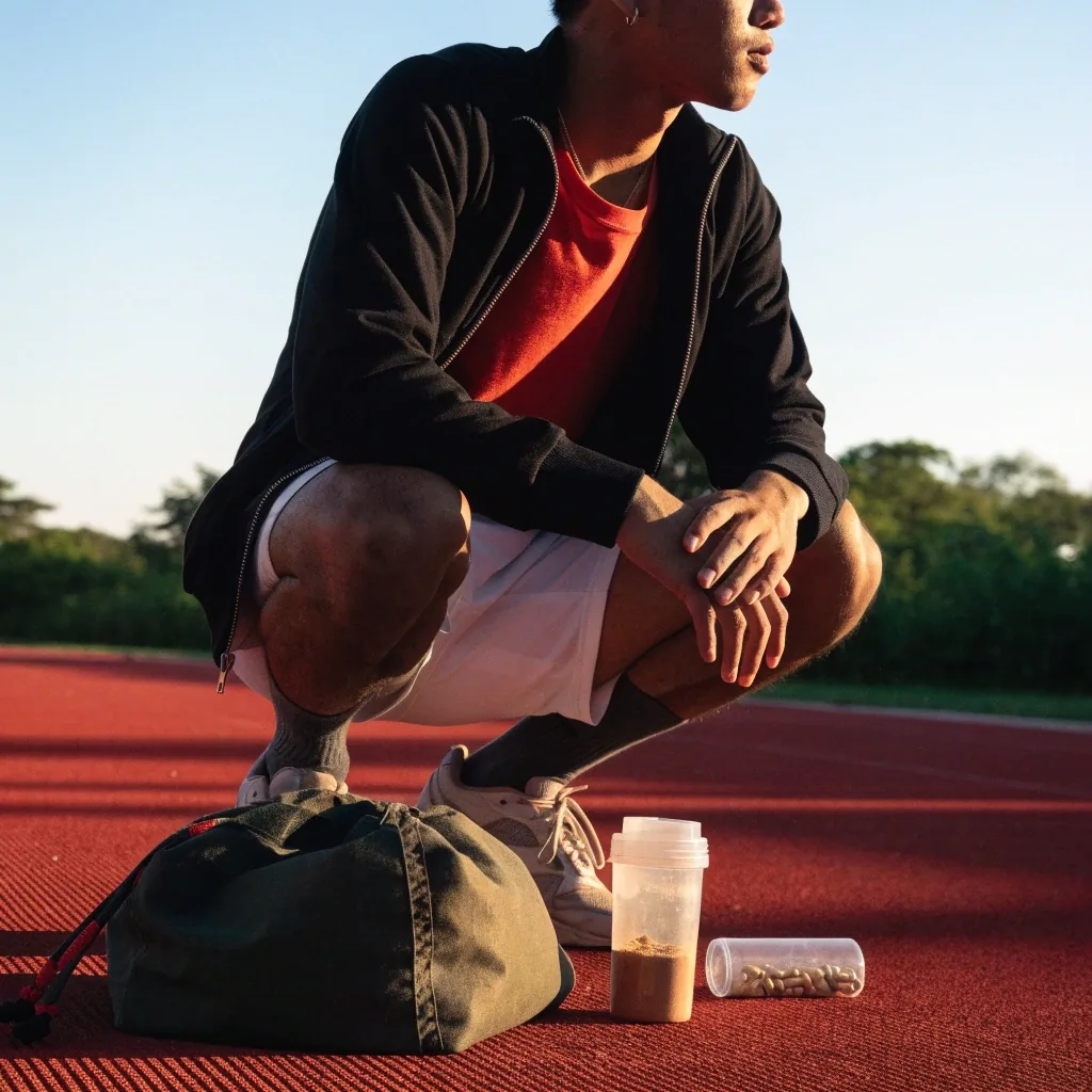 Runner resting on a track at golden hour with a shaker bottle and supplement bottle beside his gym bag