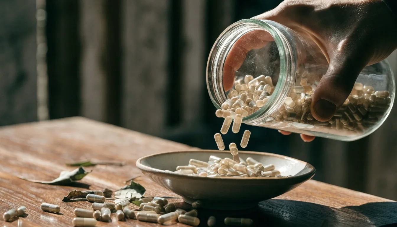 Capsules beside a measuring spoon on a counter in daylight