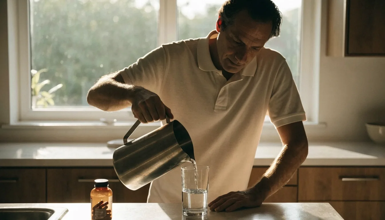 A man stepping out of a house gate into warm morning light carrying a water bottle