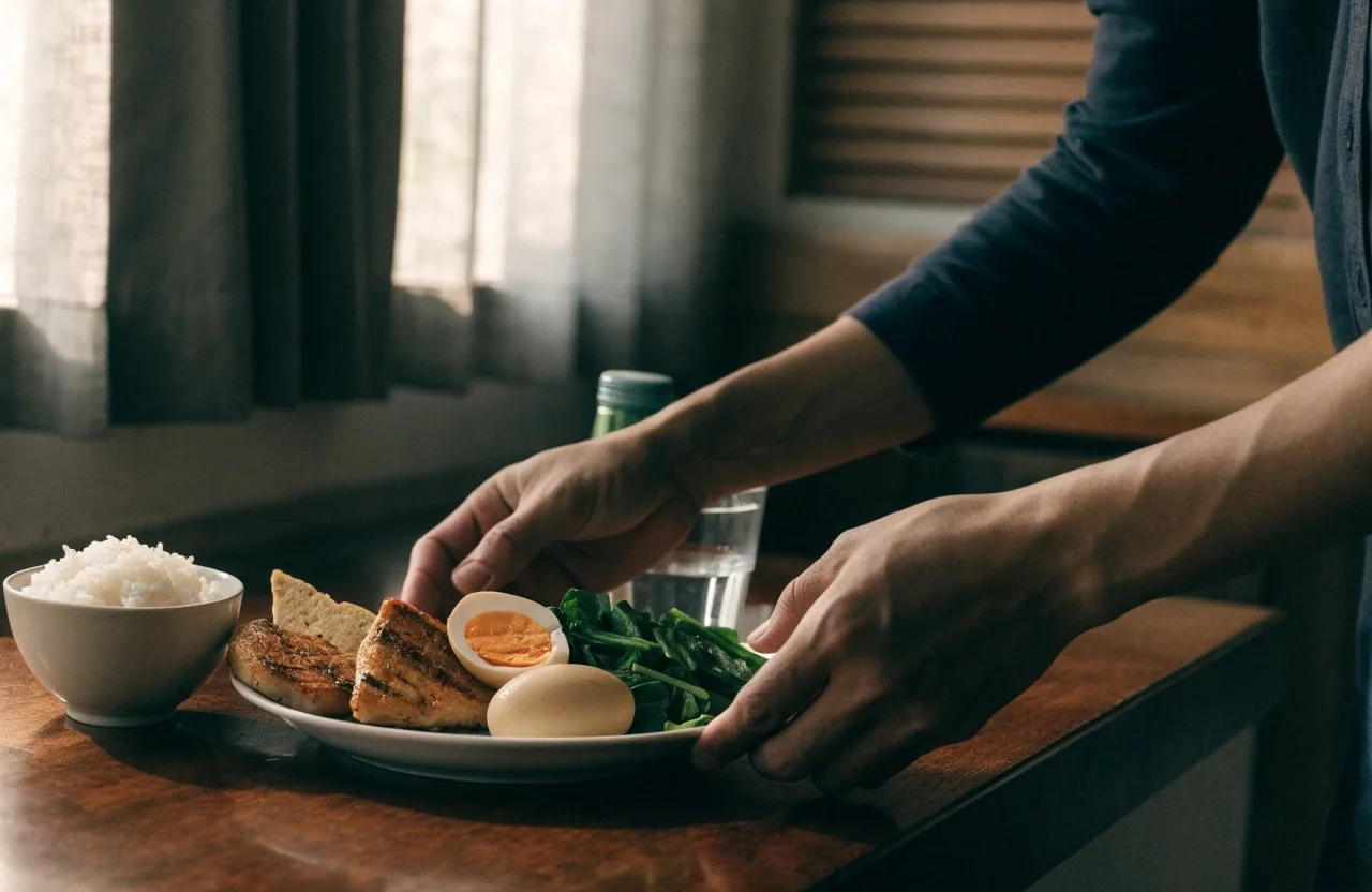 A home meal in Indonesia with grilled fish, tempeh, eggs, greens, and rice in moderate portions