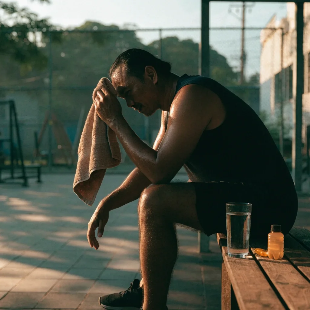 A man resting with a glass of water after training, a bottle of vitamin capsules beside him in early morning light