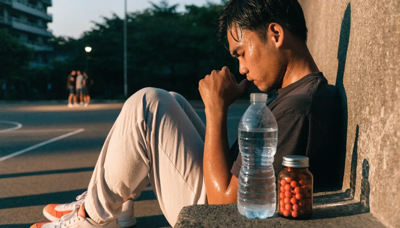 A man catching his breath at the edge of an outdoor sports court at dusk as floodlights come on
