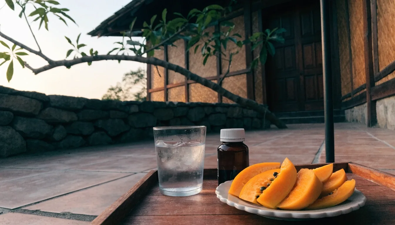 A quiet kitchen counter at dawn with a glass of water, a small supplement bottle, and a bowl of fruit