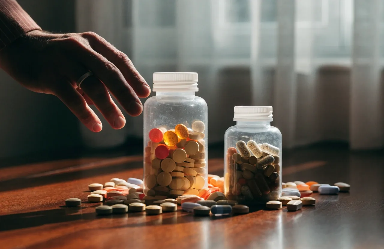 Two supplement bottles side by side on a dark table with loose tablets and capsules, a hand comparing them in daylight