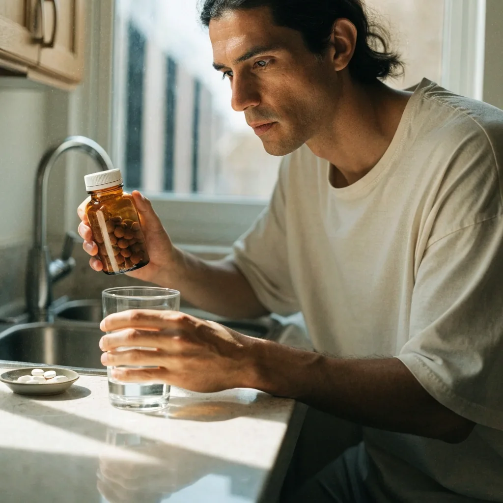 Hands holding an unlabelled amber bottle of capsules above a table with a glass of water