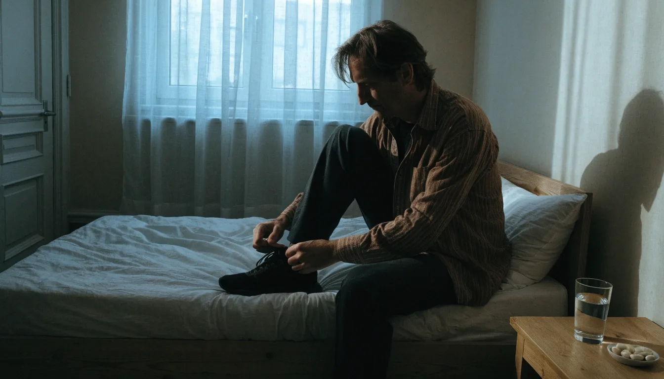 Man lacing running shoes by an apartment door at dawn with a glass of water and a small dish on the table behind him