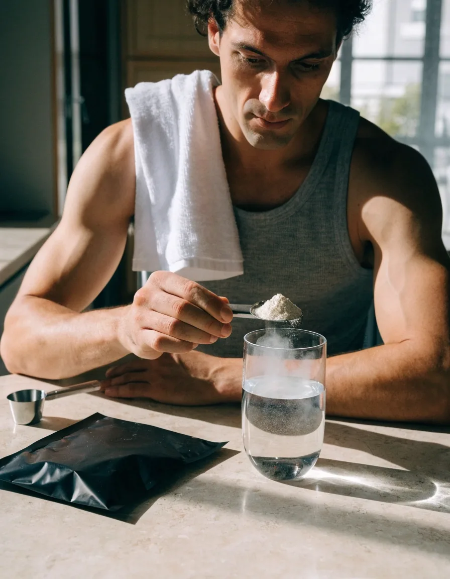 Scoop of pale powder poured into a glass of water on a dark counter beside a folded towel