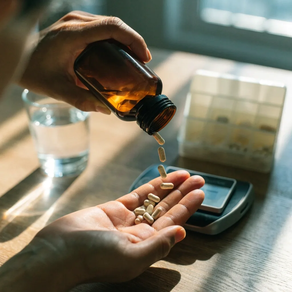 Hands sorting capsules into a weekly organizer beside a small kitchen scale