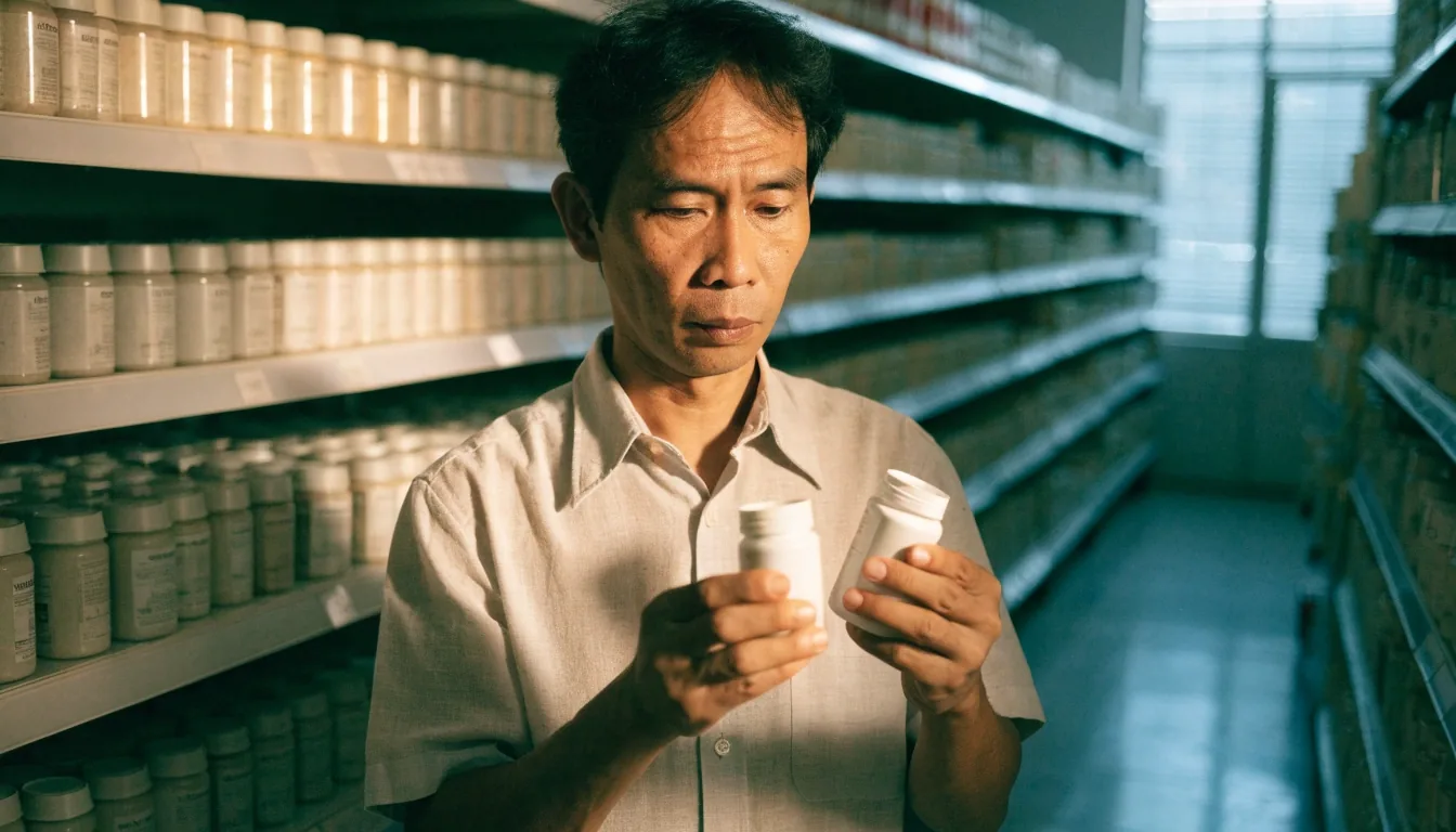 Rows of supplement containers standing on a softly lit pharmacy shelf