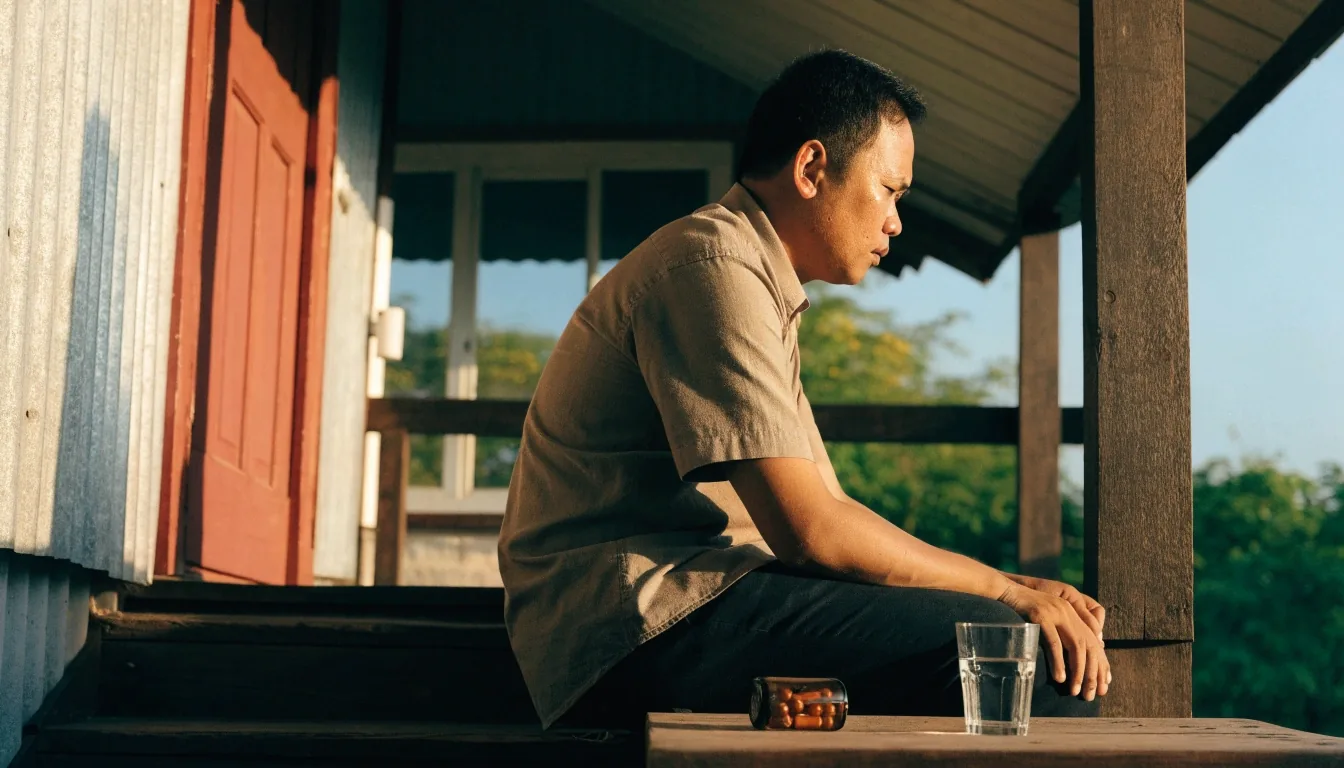 Late-afternoon light across a table in Semarang where supplement guides are prepared