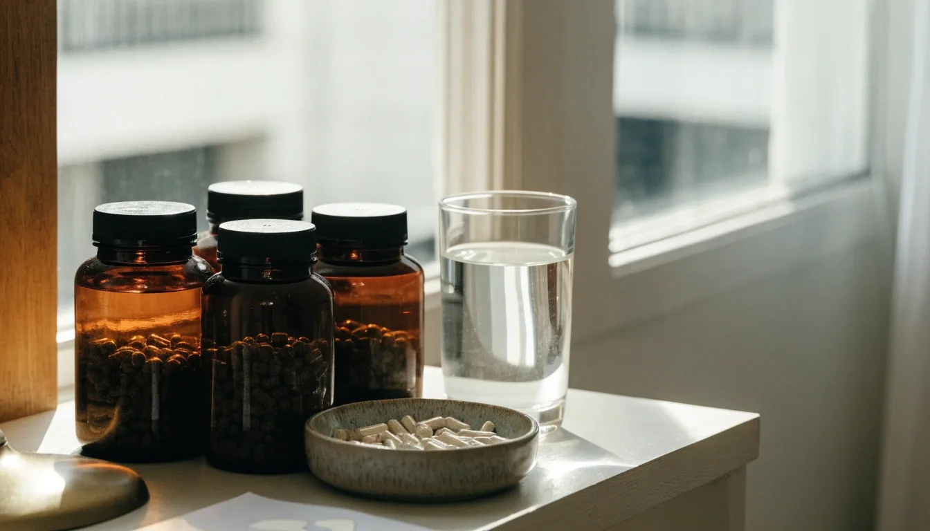 Natural capsules and a glass of water on a dark editorial desk in Semarang