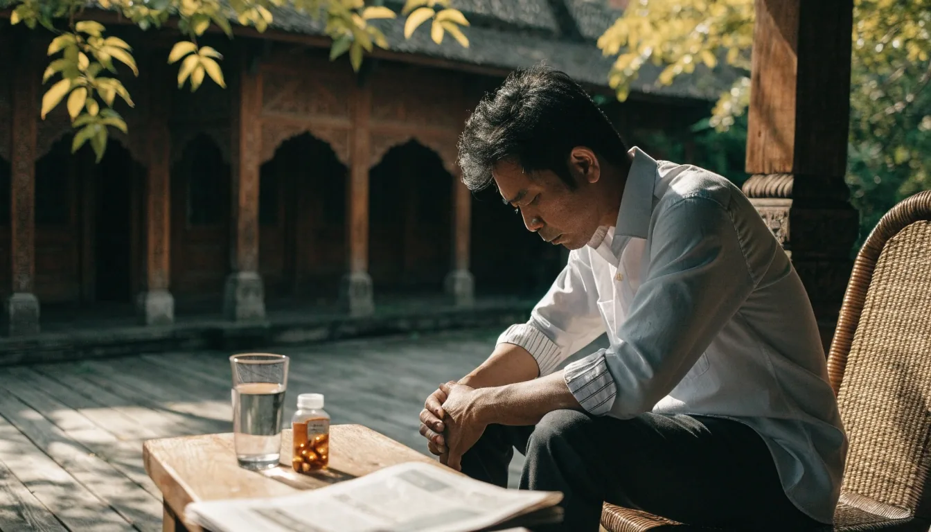 A person at a sunlit desk with a laptop screen turned away and a water glass nearby